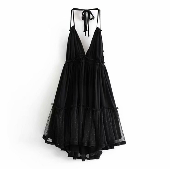 New Boho Lace Tulle Dot Ruffle Halter Mini Dress Strappy Tie Black - Picture 6 of 11